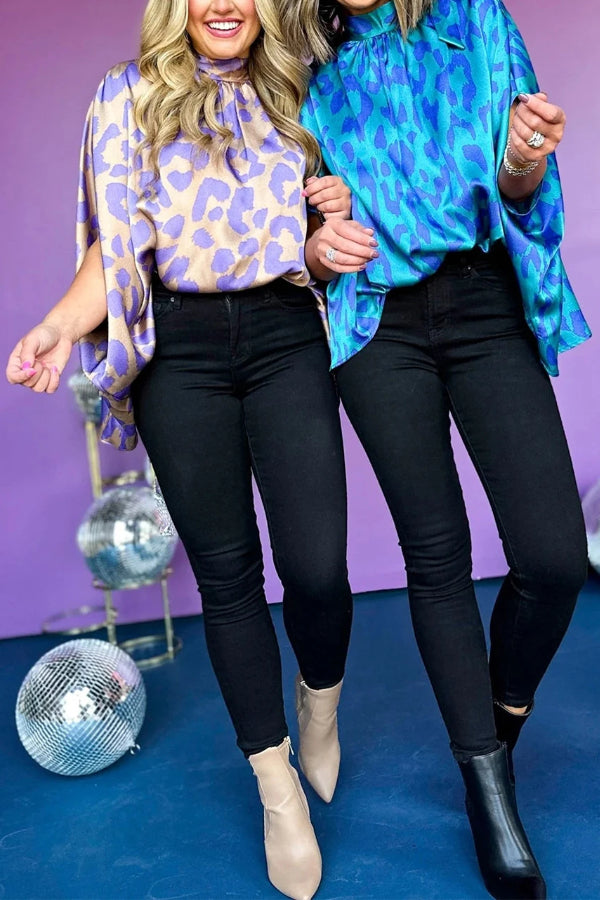 Blue Leopard Print Loose Batwing Sleeve Mock Neck Blouse