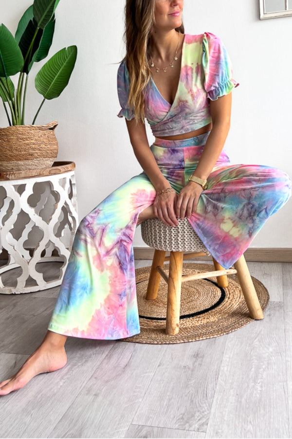 Floral Print V Neck Short Sleeves Crop Top Elastic Waist Wide Leg Pants Set