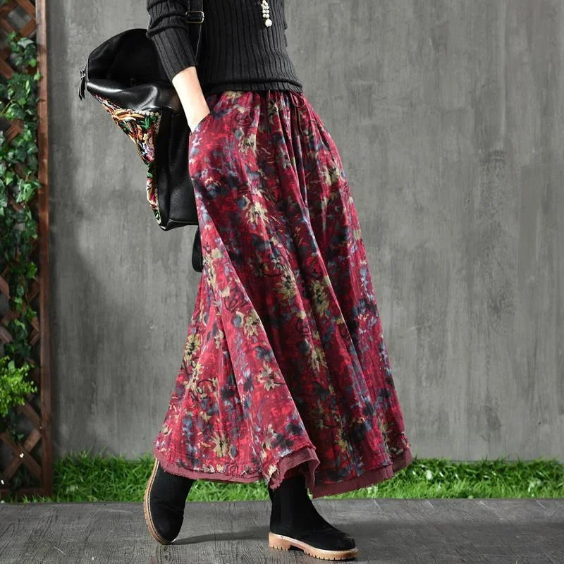 A-Line Pleated Autumn Floral Long Skirt with Pockets