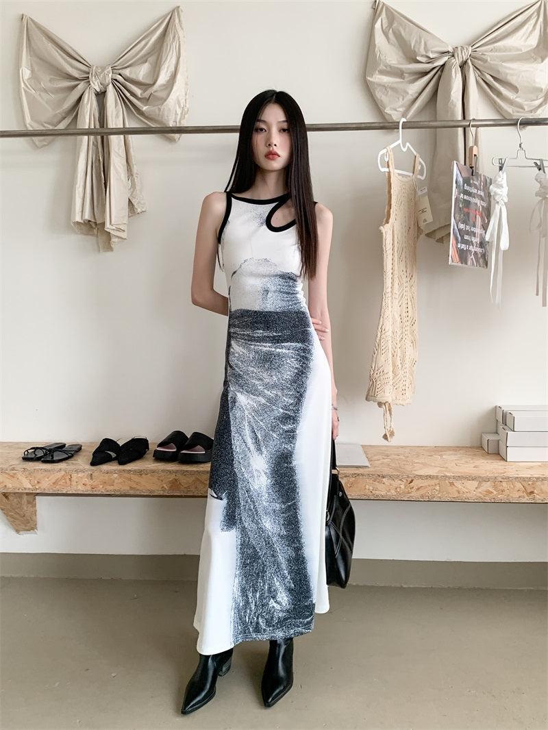 Abstract Graphic Print Sleeveless Cutout Detail Tank Maxi Dress
