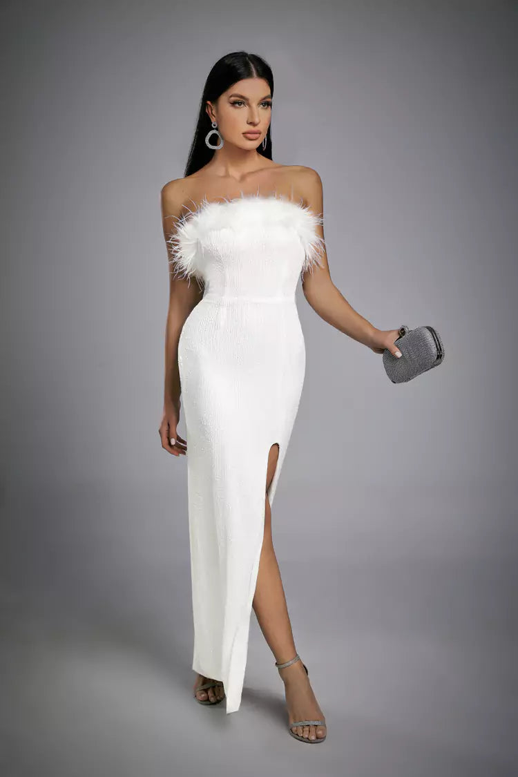 Alayna White Feather Sequin Dress