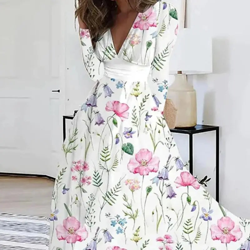 Autumn V-neck Flower Print Maxi Floral Dress