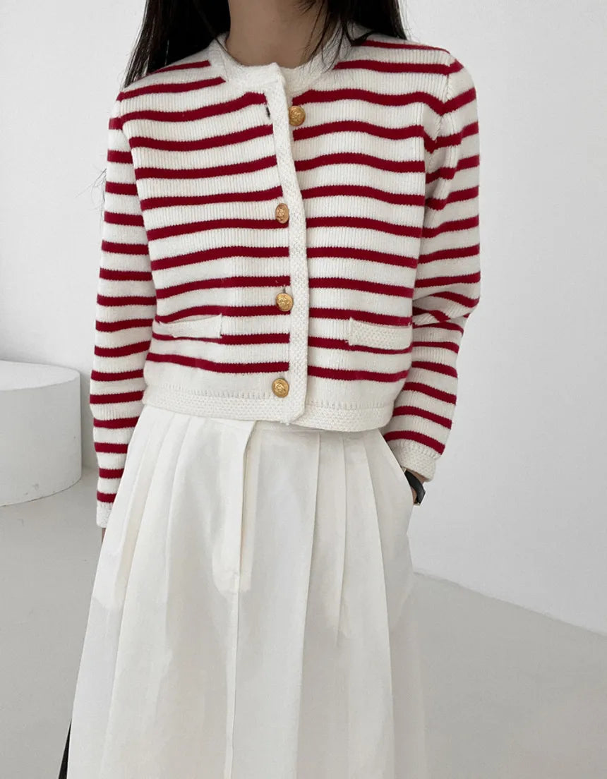 Striped Print Cropped Loose Knit Knit Cardigan