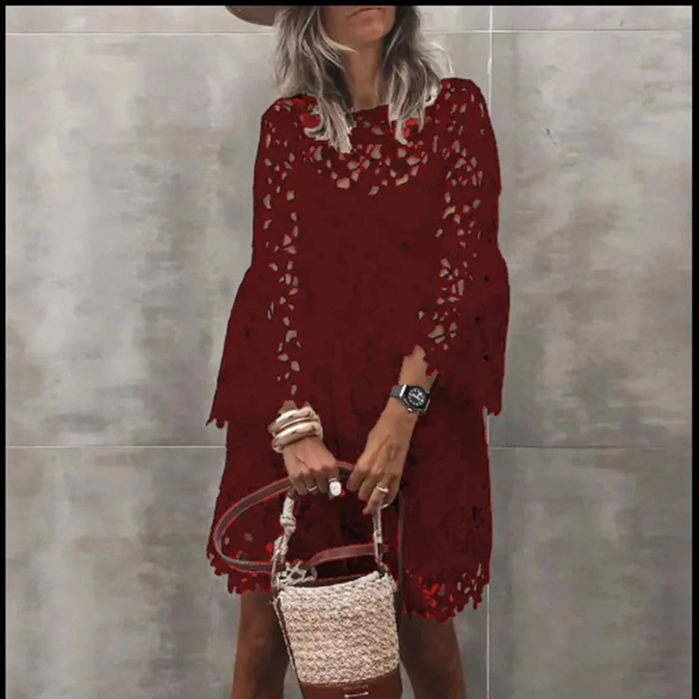 Autumn Solid Color Lace Hollow Floral Casual Floral Dress