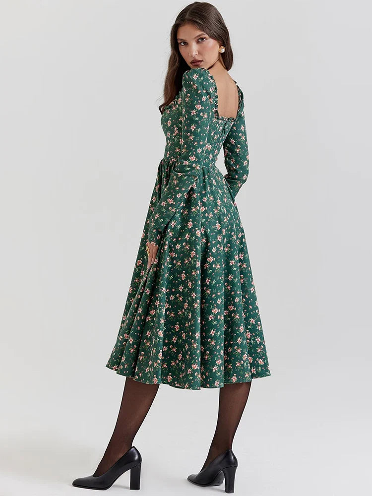 Floral Printed Backless Square Neck Midi Floral Dress