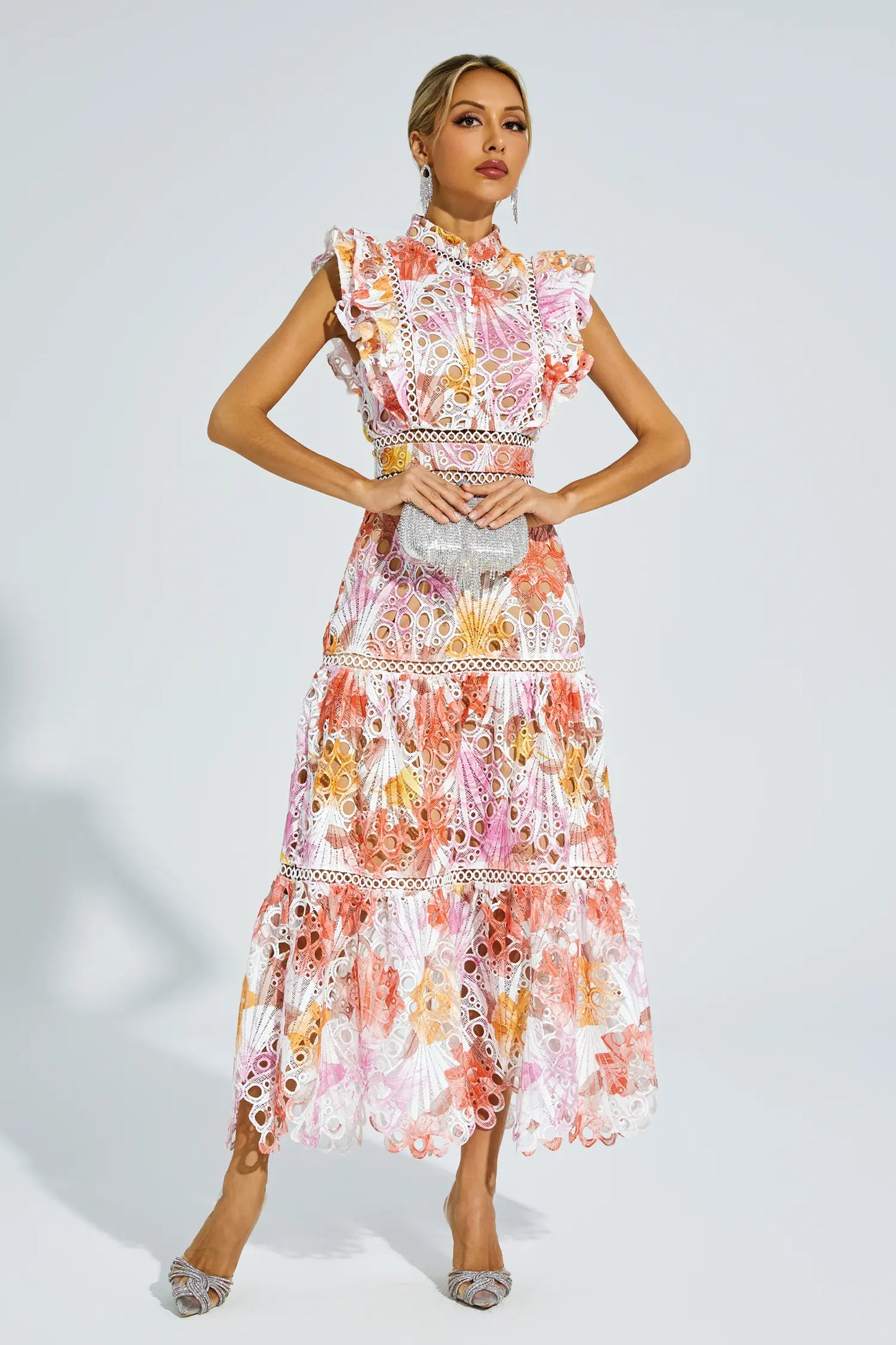 Ayleen Orange Hollow Sleeveless Midi Dress