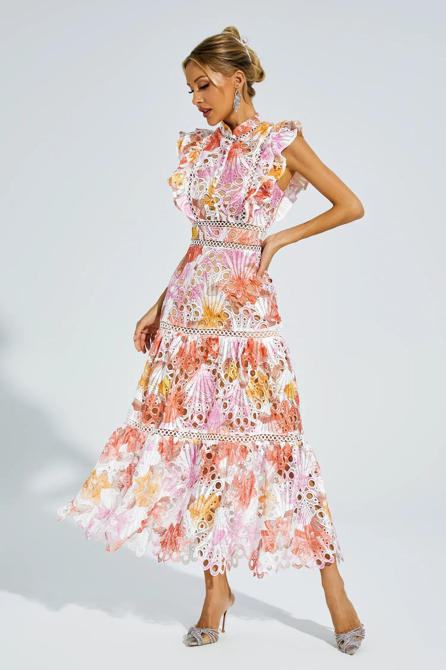 Ayleen Orange Hollow Sleeveless Midi Dress
