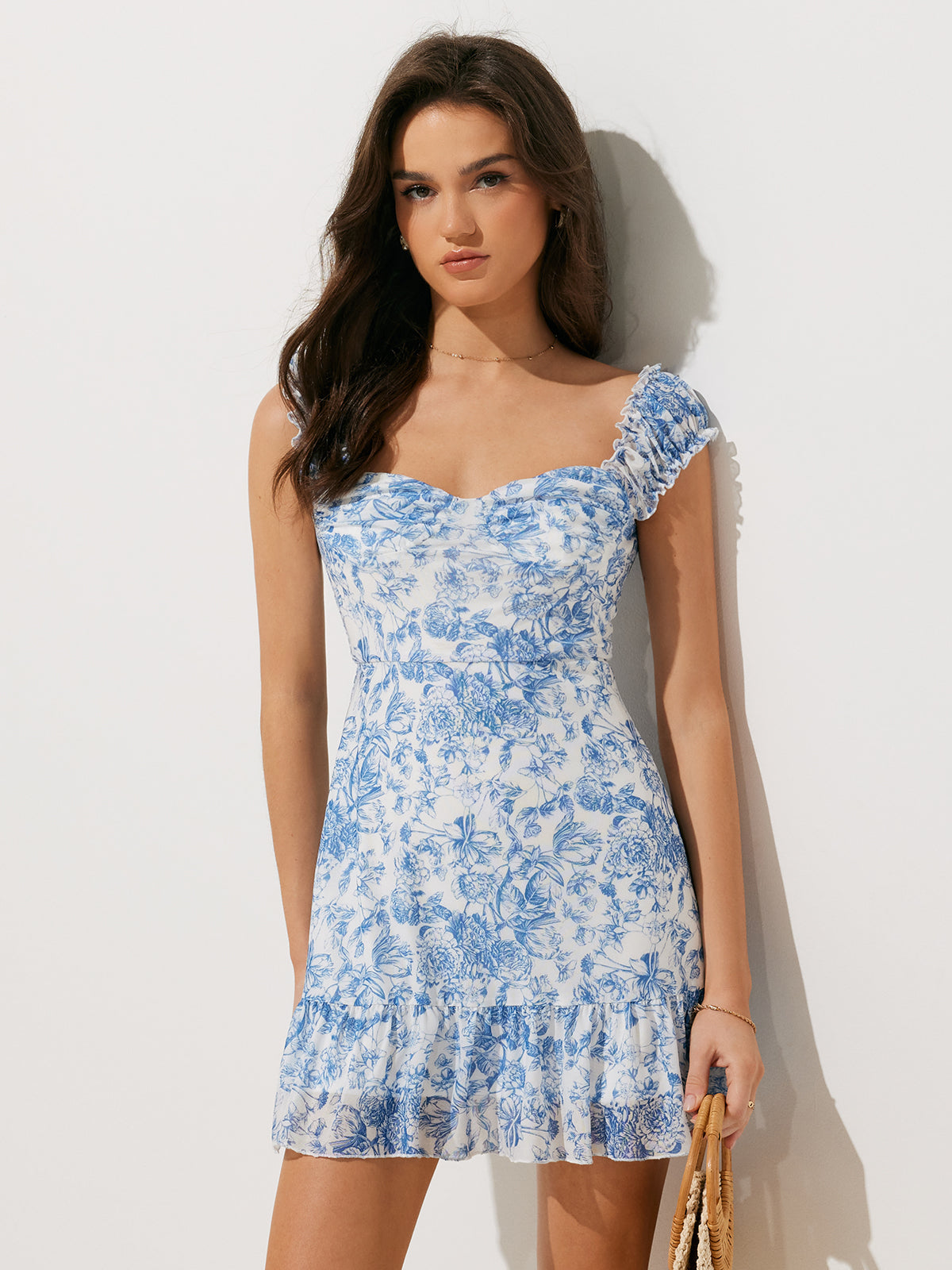 Semi-Sheer Floral Print Ruffle Short Dress