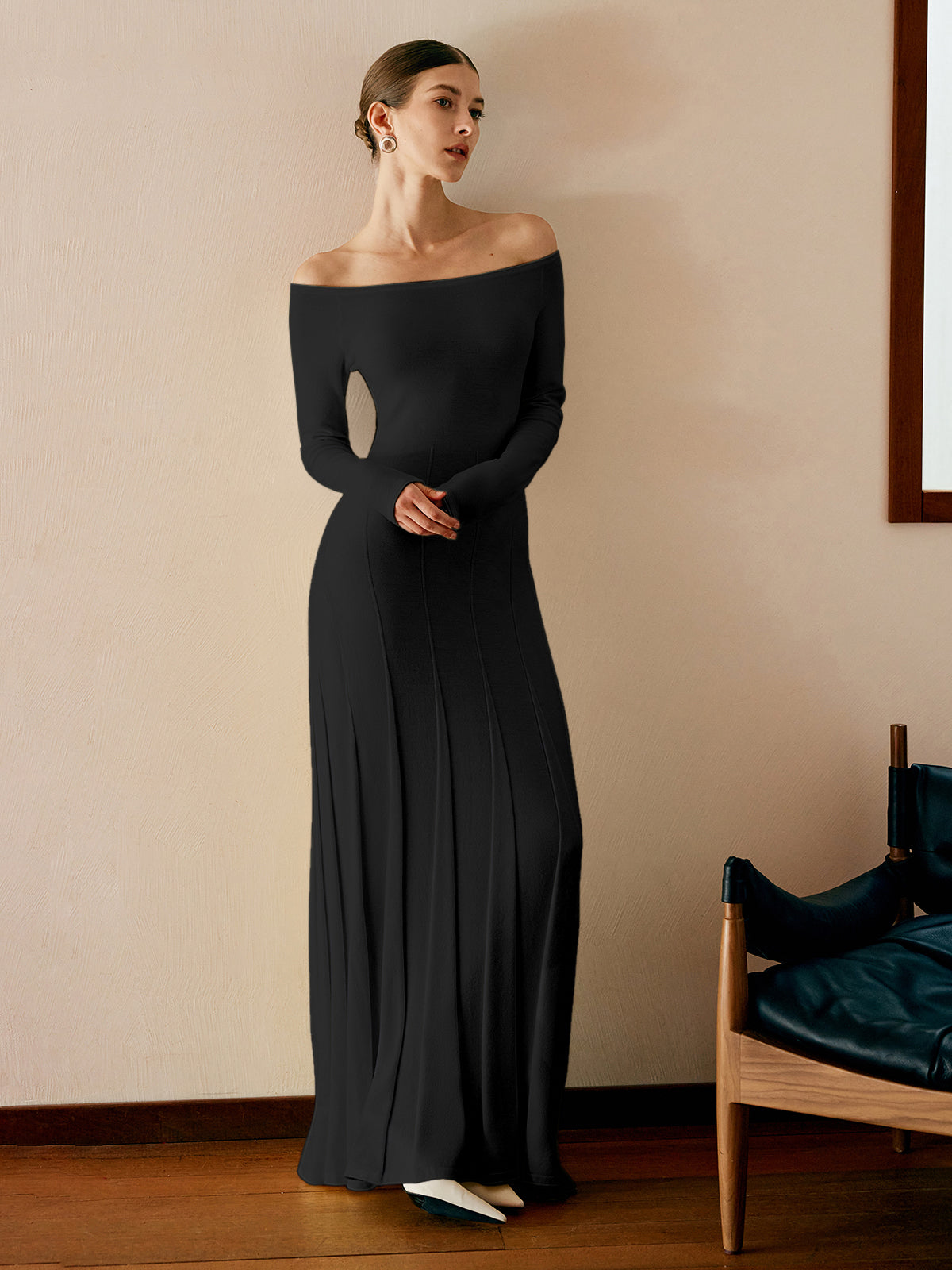 Off Shoulder Pleated Sweater Dress