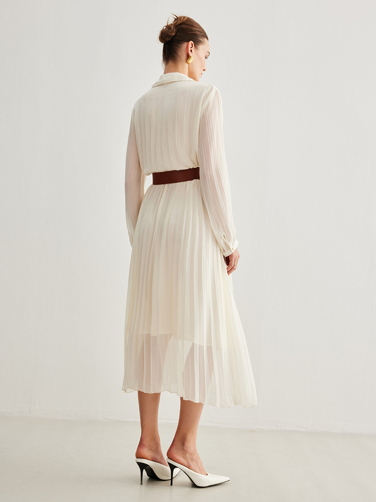 Semi-Sheer Chiffon Button Pleated Dress With Belt