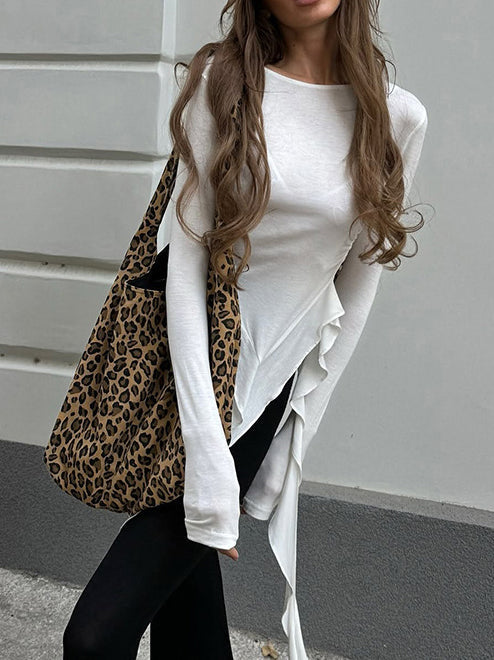 Semi-Sheer Pleated Ruffle Tassel Jersey Top