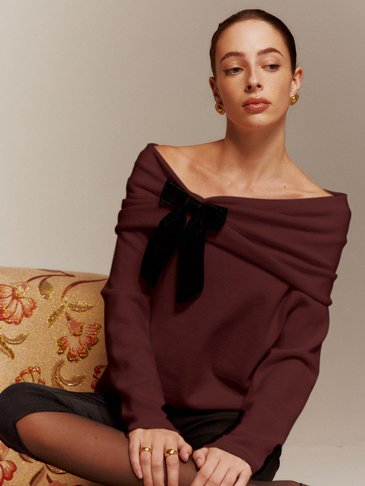 Velvet-Bow Off-Shoulder Ruched Sweater