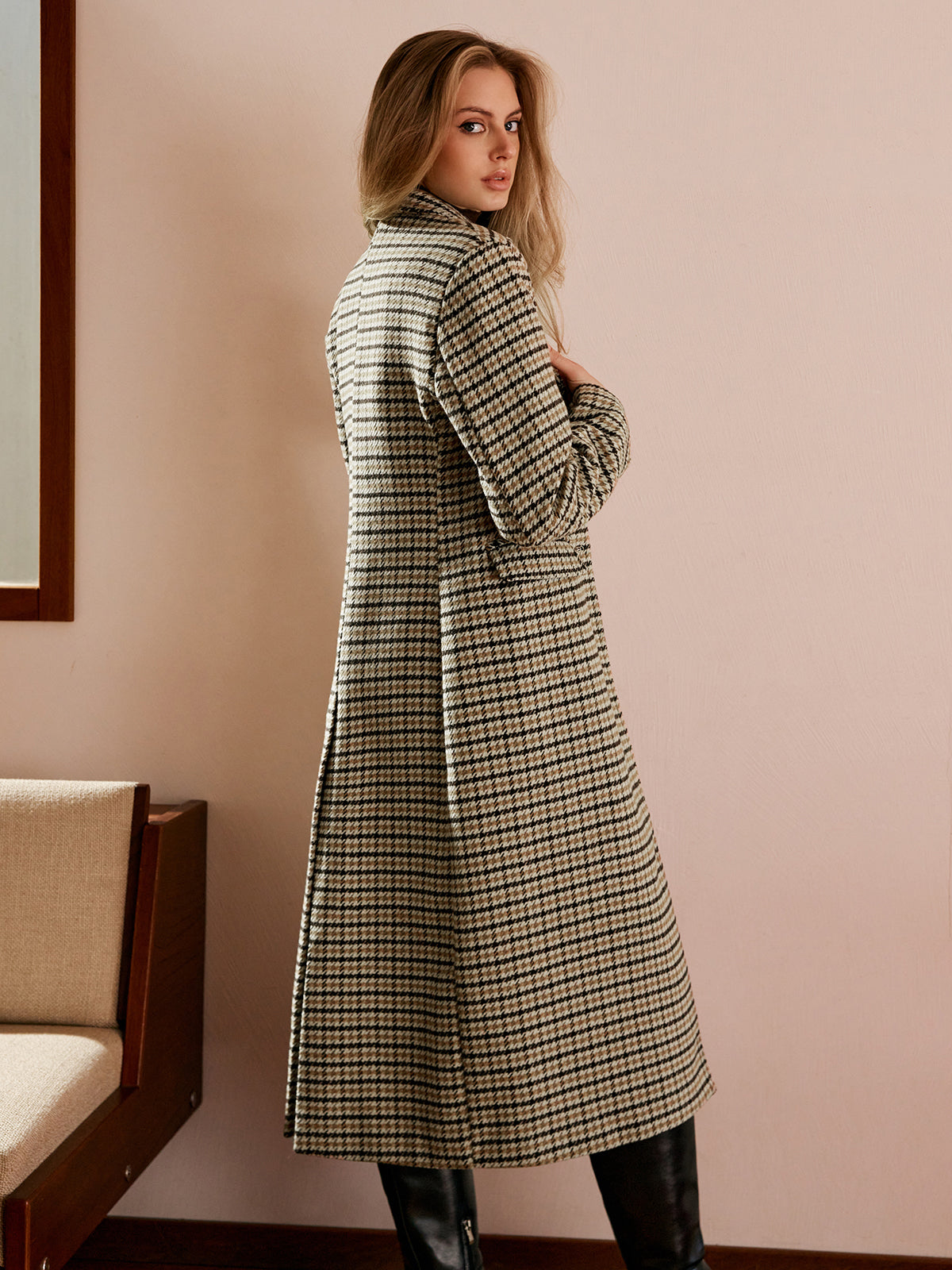 Checked Button Long Coat