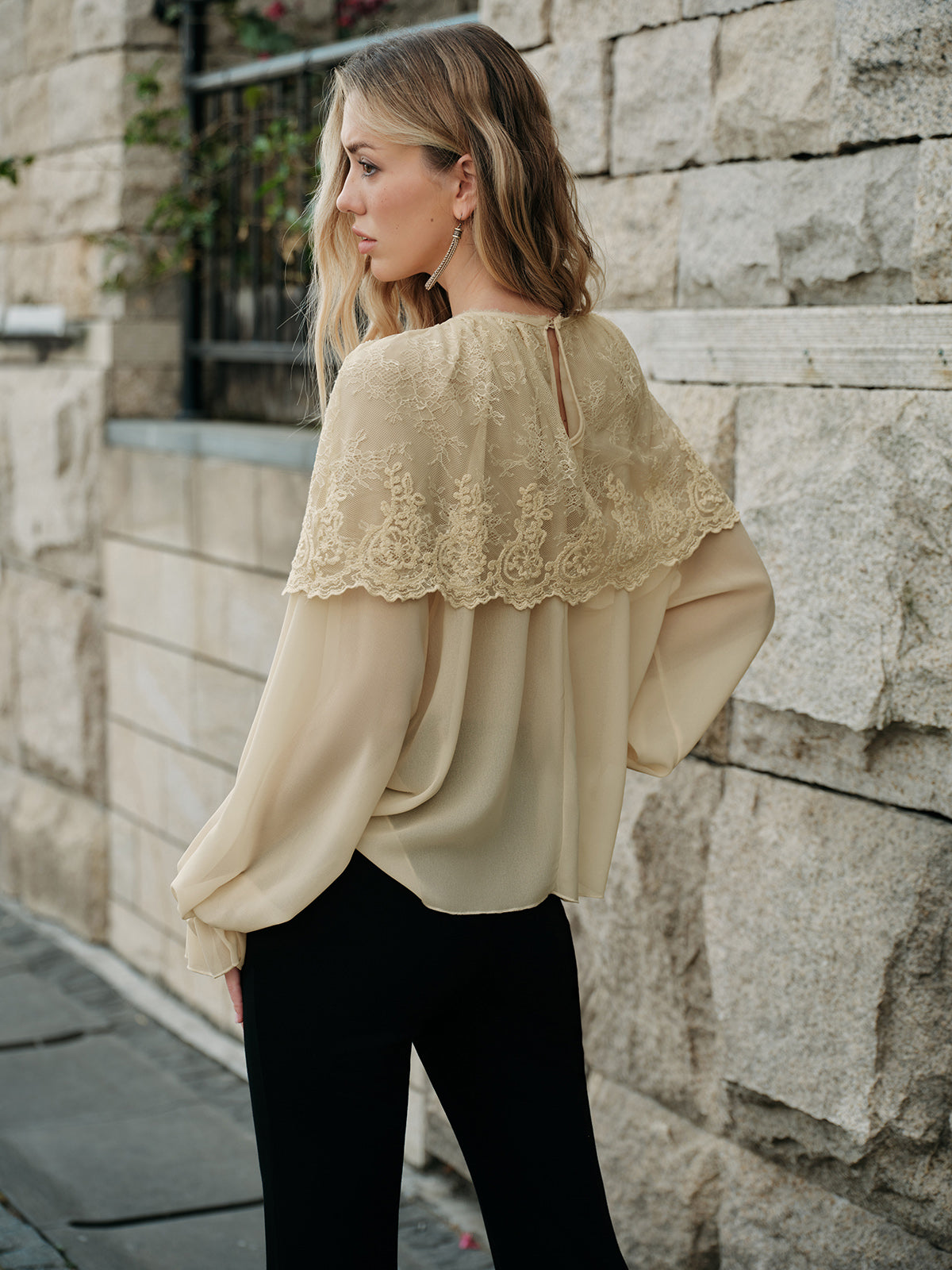 Semi-Sheer Lace Chiffon Blouse