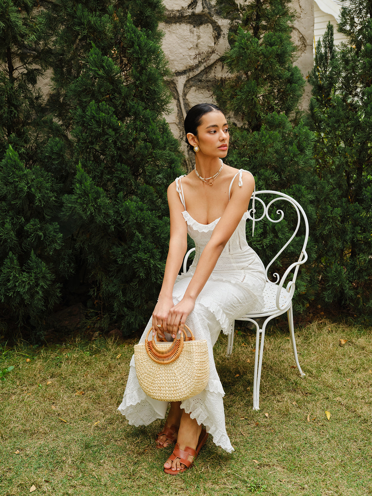 Lace-Up Tie Strap Ruffled Slit Dress