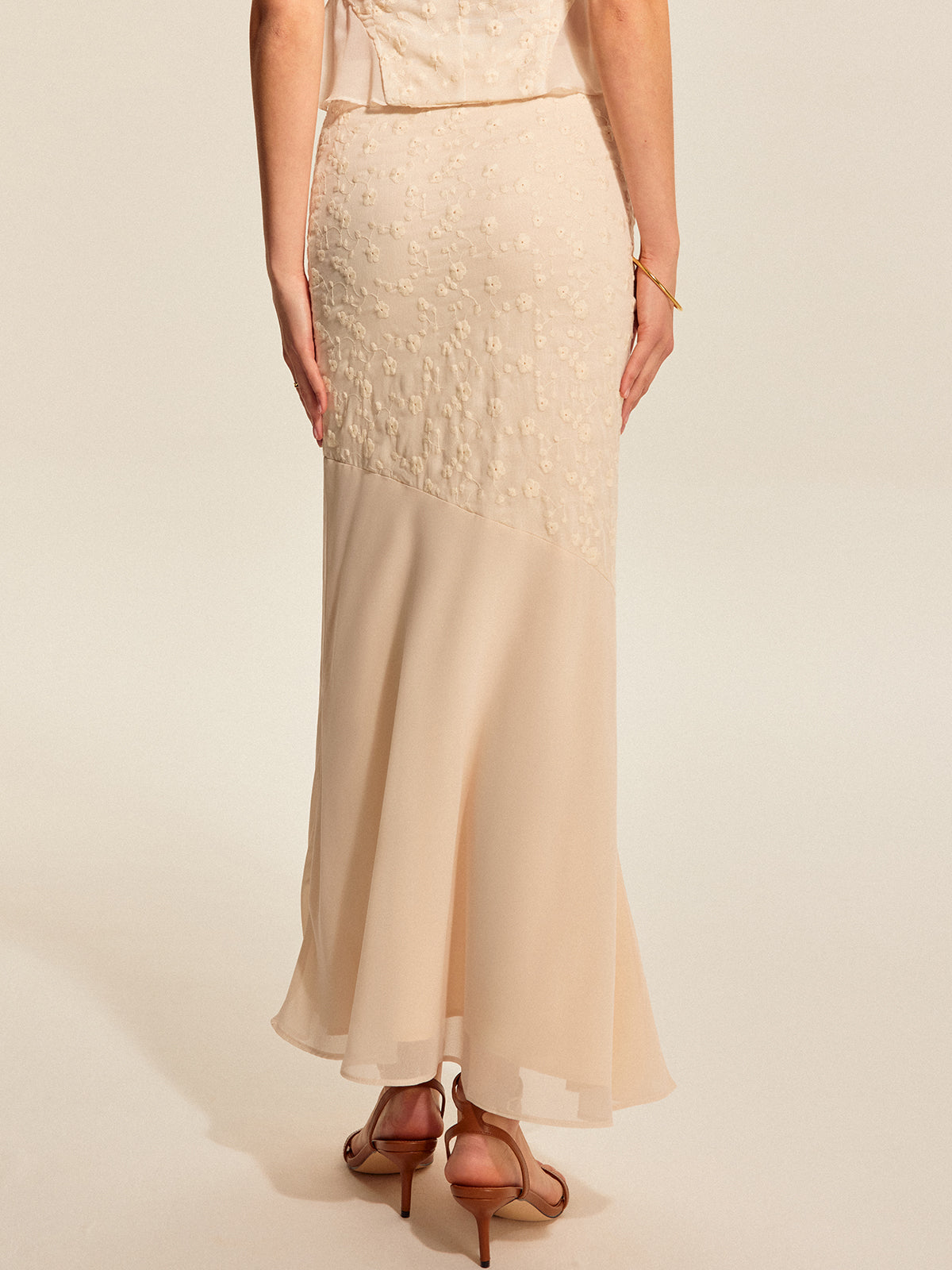 Semi-Sheer Floral Embroidered Panel Skirt