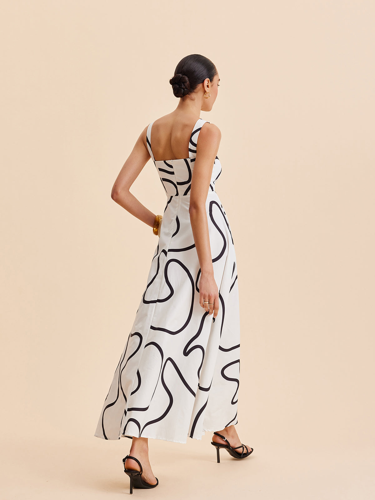 Abstract Line Print Square Strap Dress