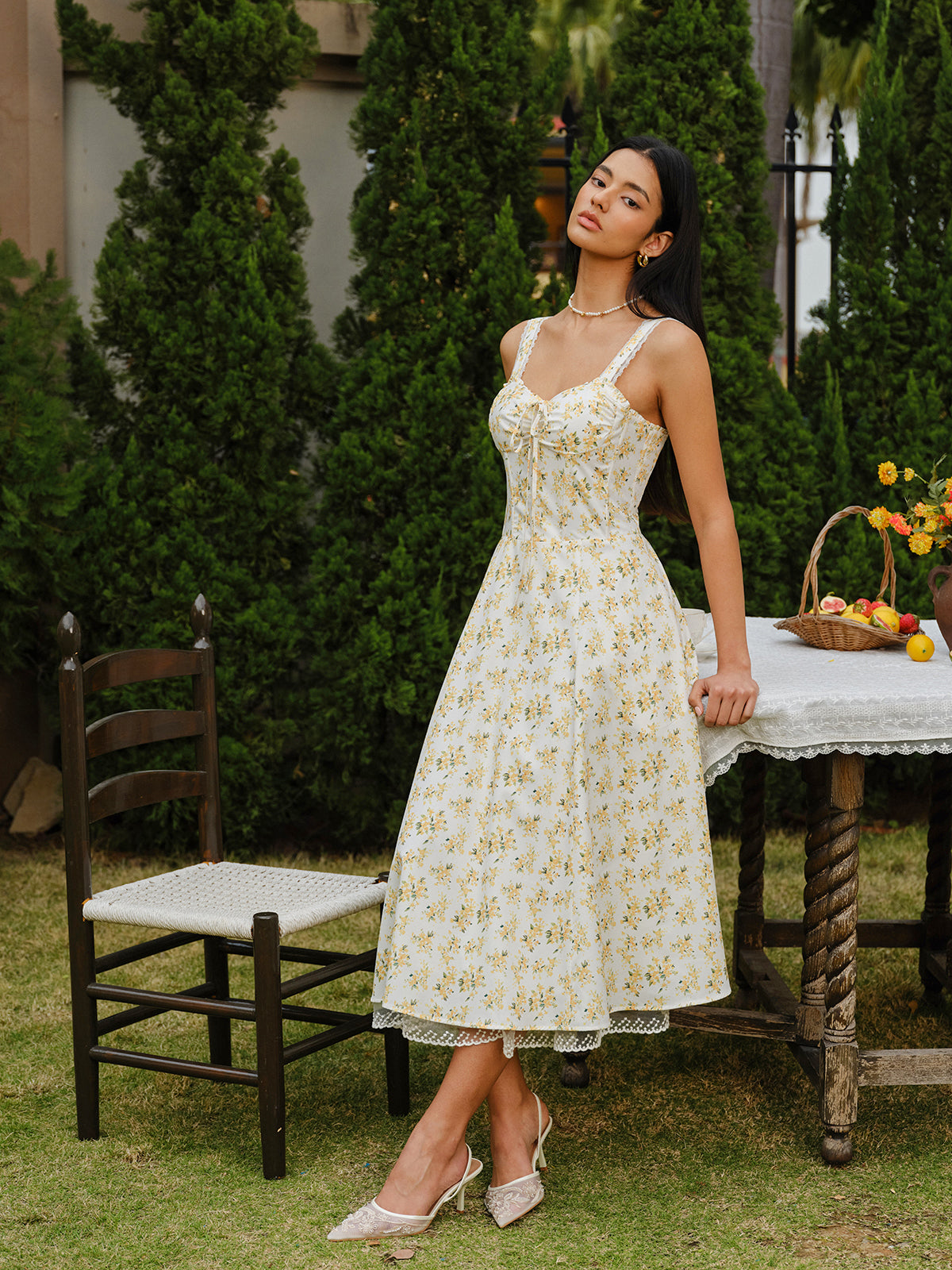 Floral Lace-Trim Tie-Front Dress