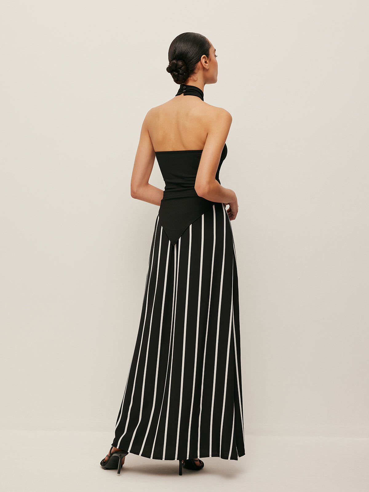 High Neck Asymmetric Panel Stripe Skirt Set