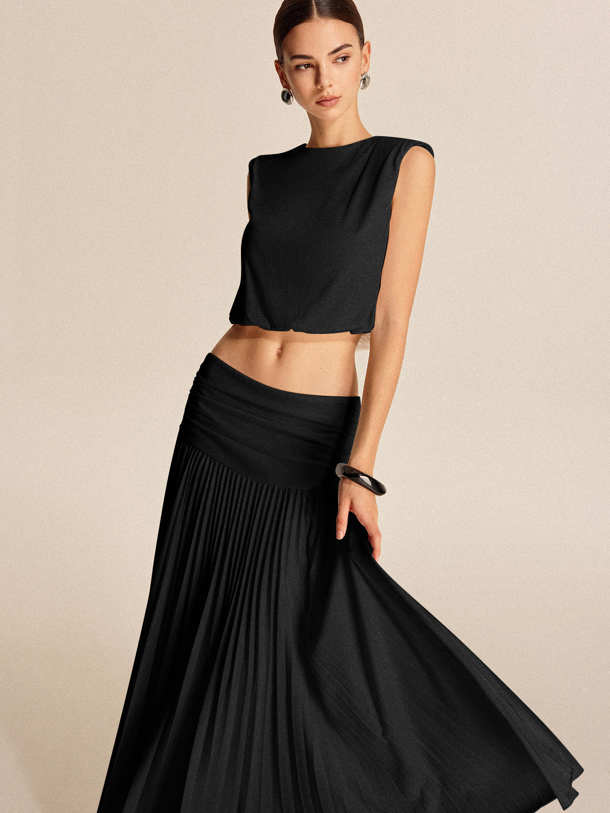 Shoulder-Padded Pleated Skirt Set