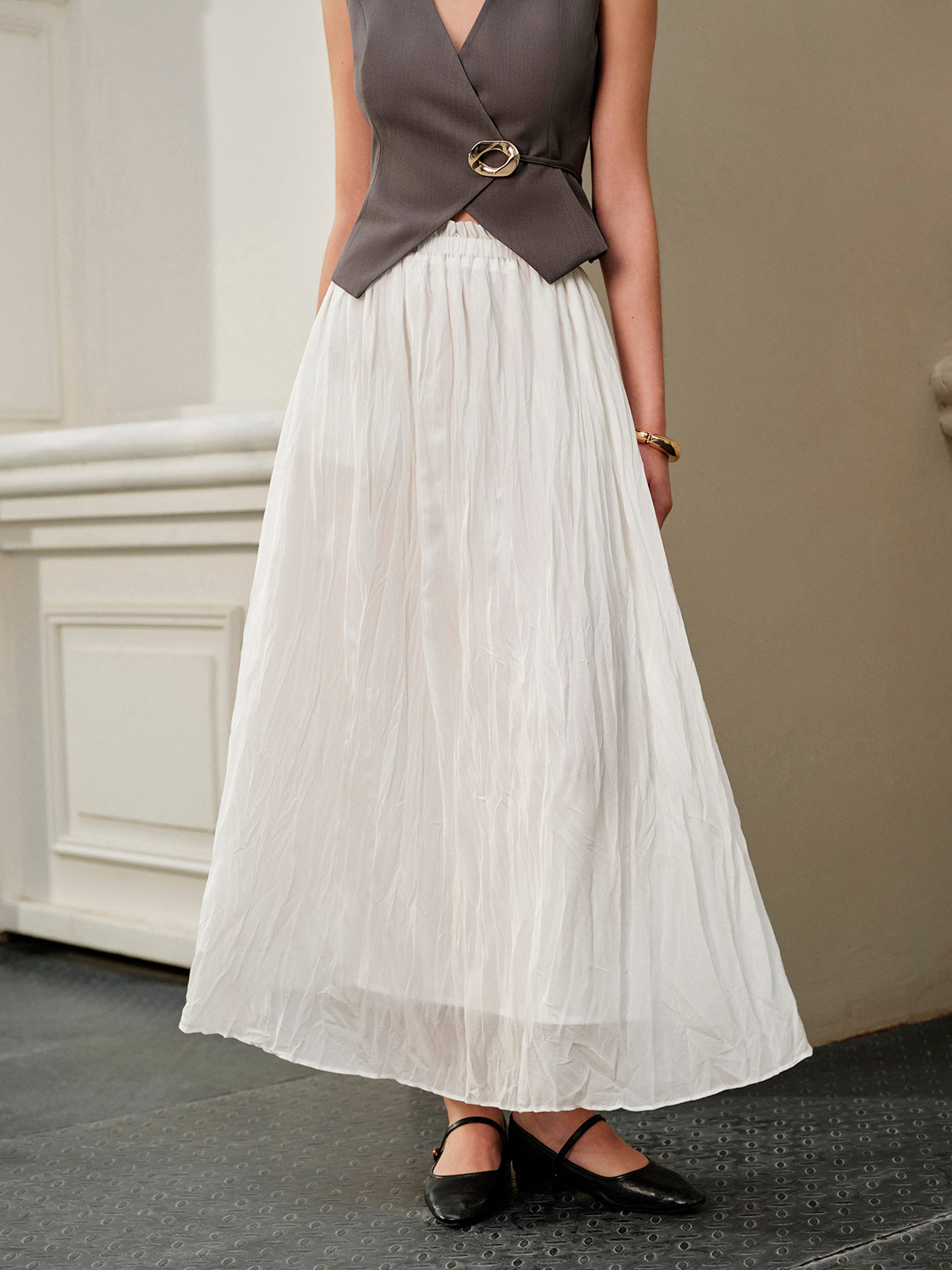 Elastic Waist Pleated Maxi Skirt