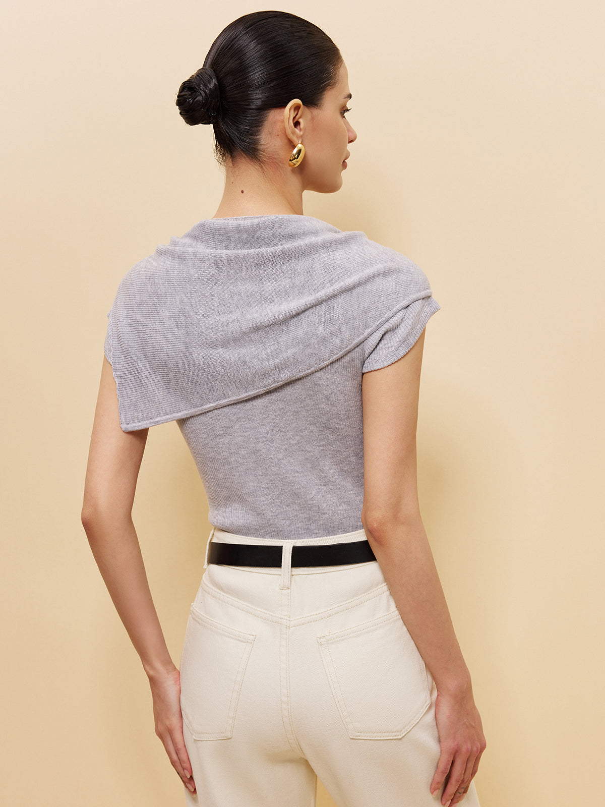 Ribbed Knit Top With Tied Shawl Detail