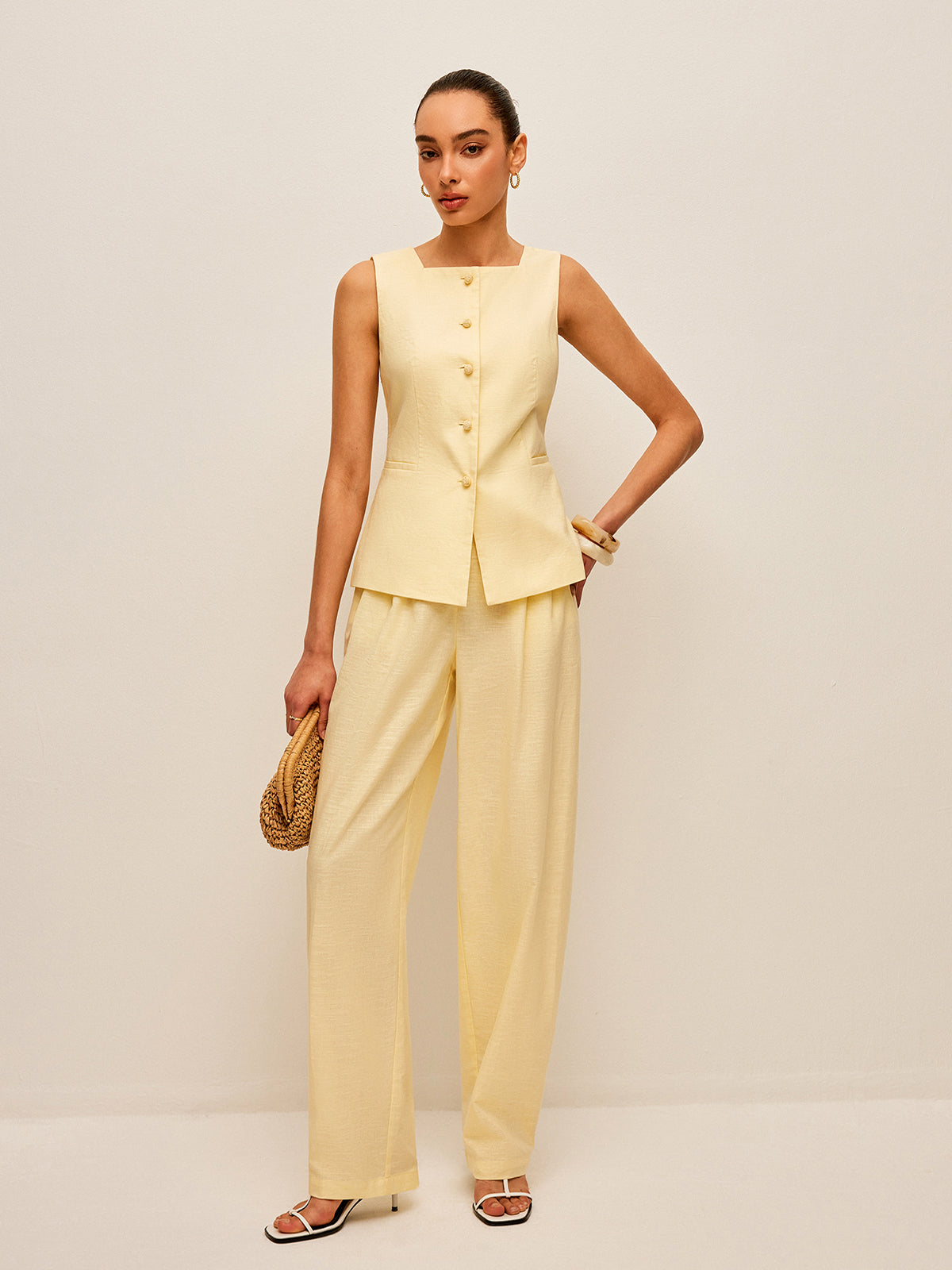 Cotton & Linen Tie-Back Vest With Pockets Pants Set
