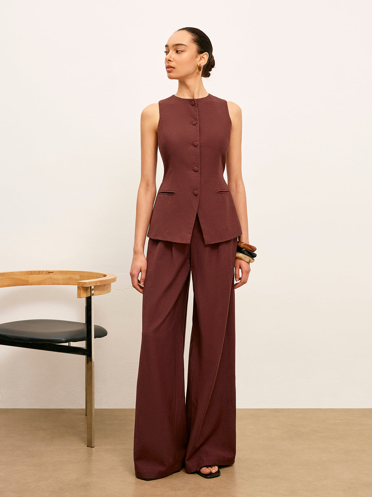 Mid-Waist Wide-Leg Pants With Pockets