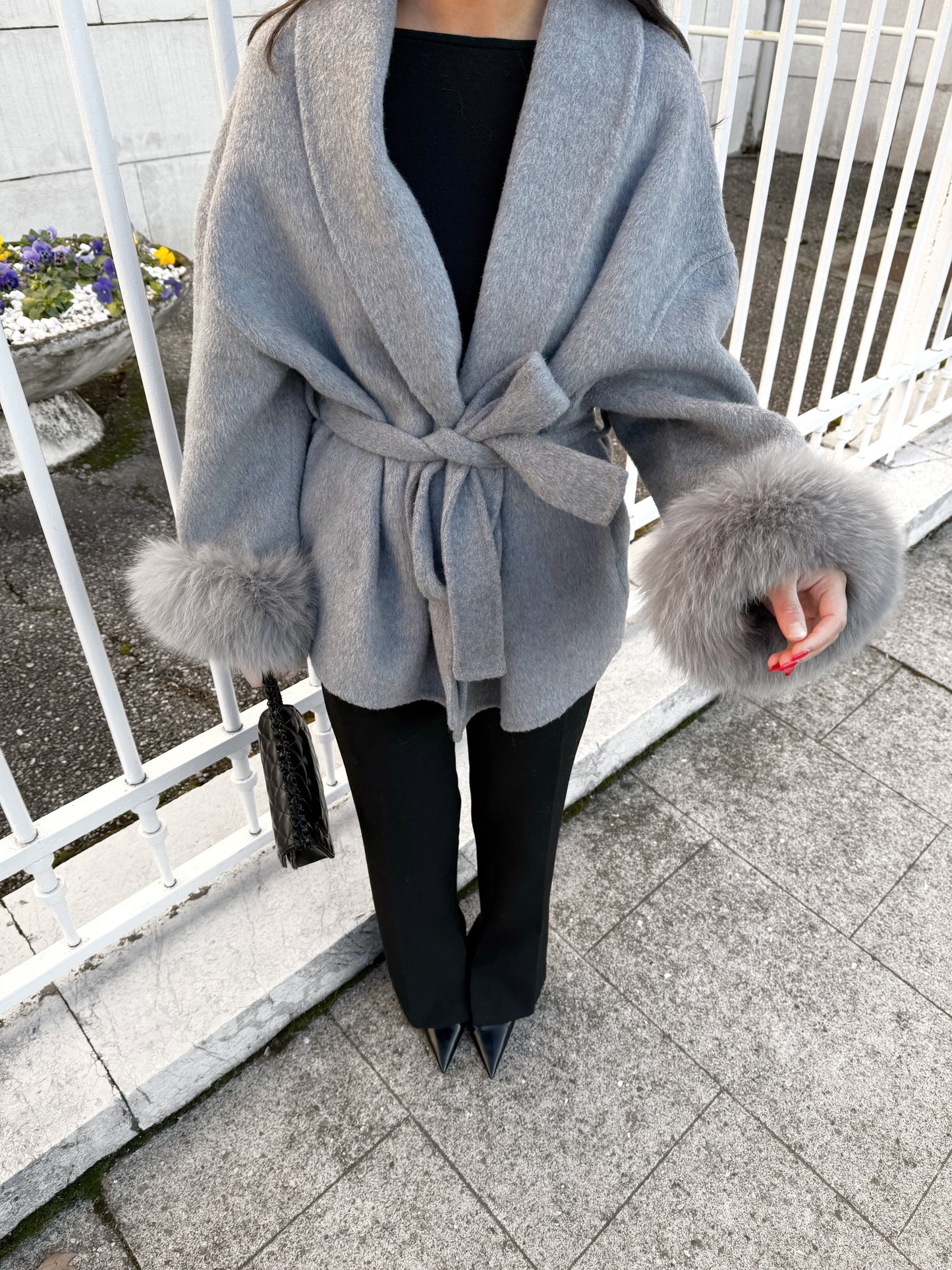 Gray Wool Coat with Fur