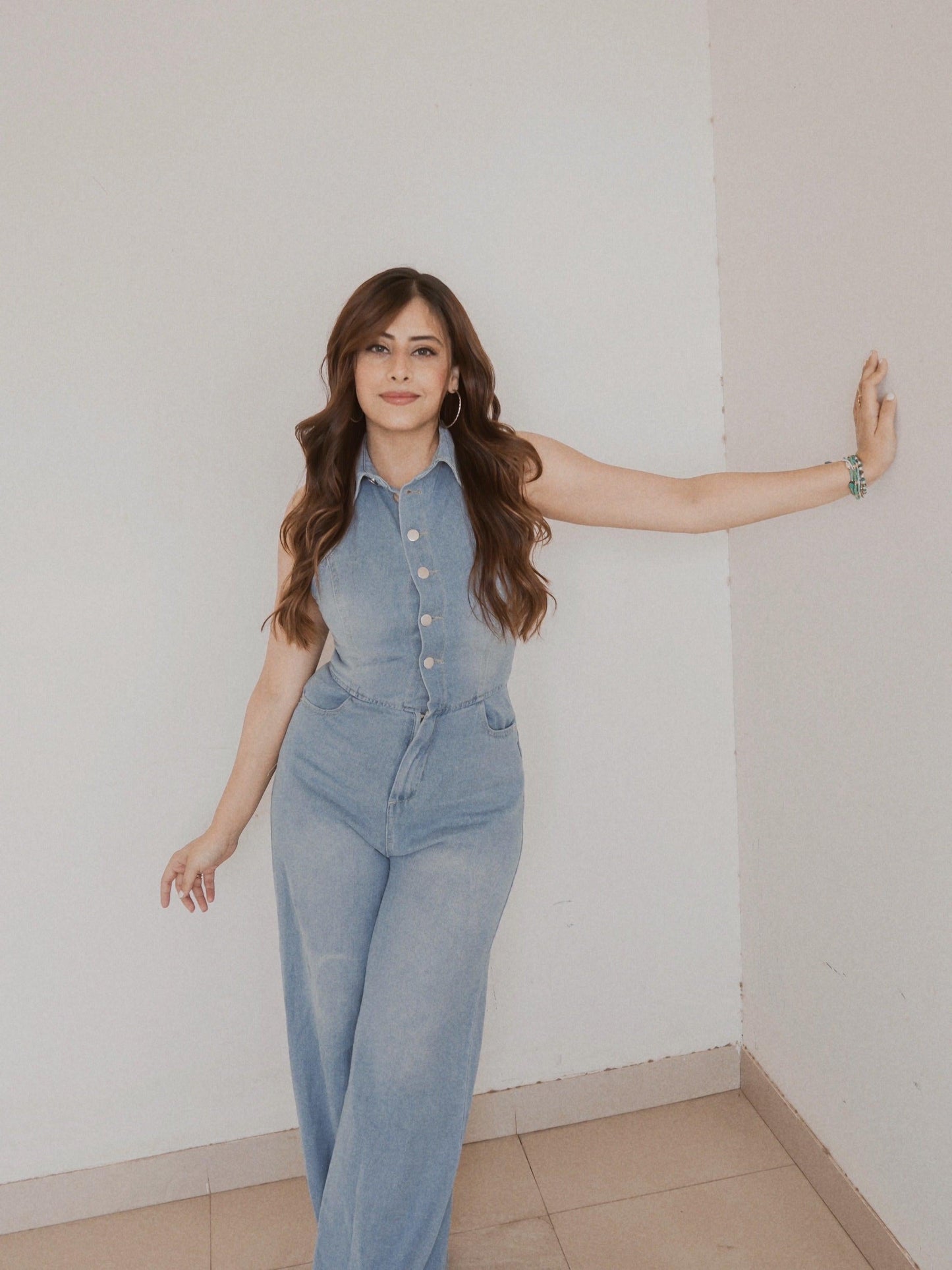 Halterneck Backless Denim Jumpsuit