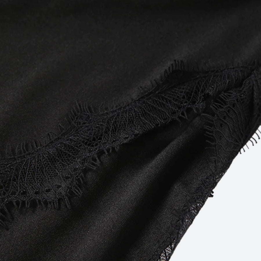 Lace Trim Spaghetti Strap Side Slit Backless Slip Mini Dress