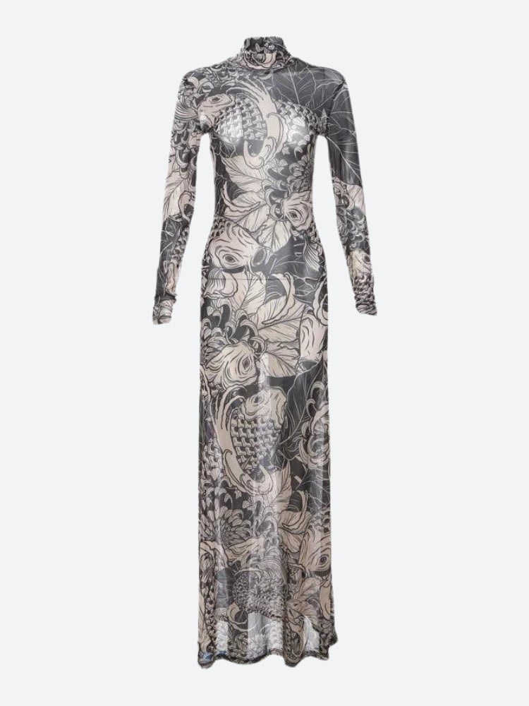 Koi Fish Illustration Mock Neck Long Sleeve Bodycon Maxi Dress