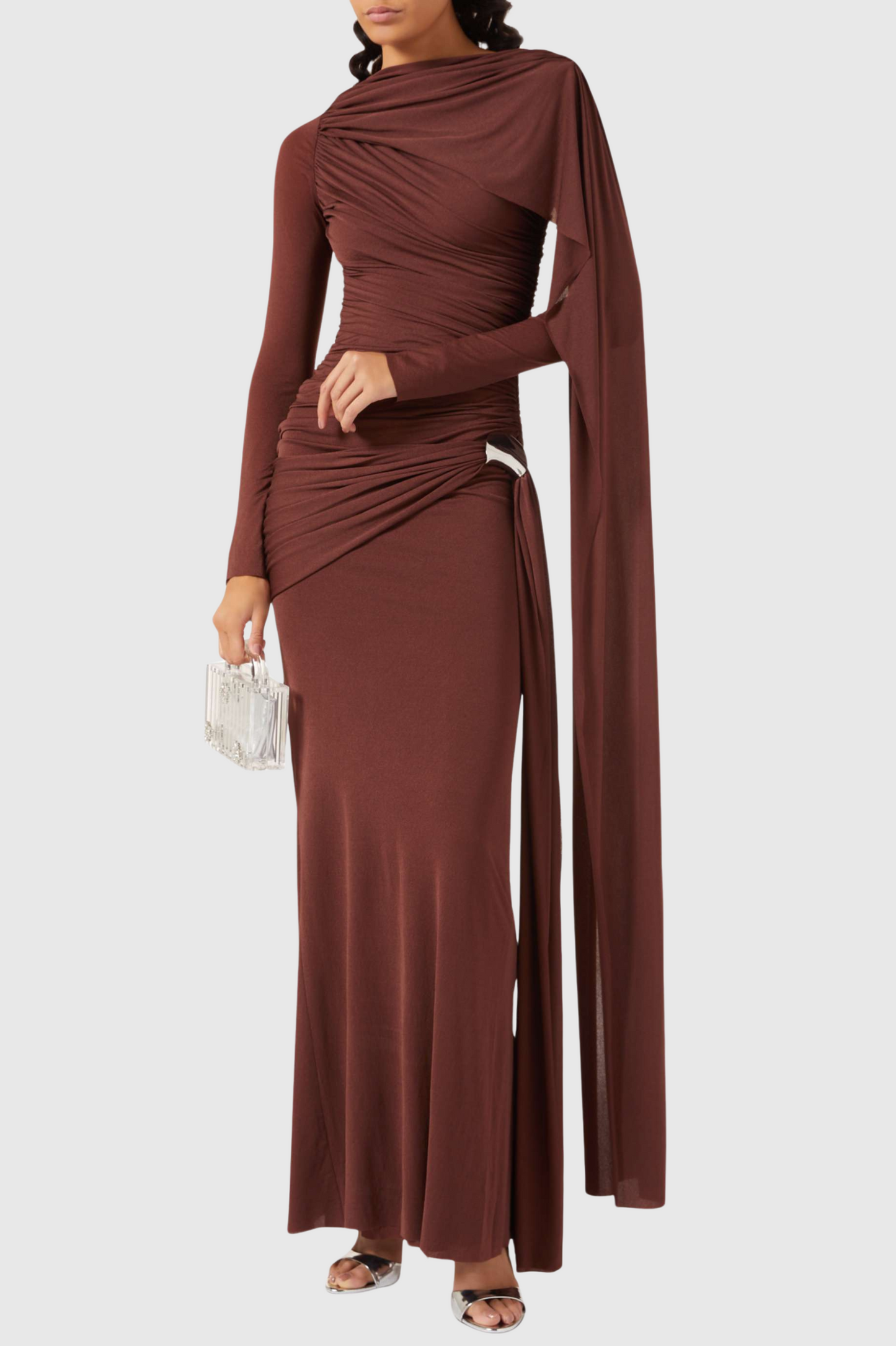 Betsey Asymmetrical Flap Ruched Maxi Dress - Brown