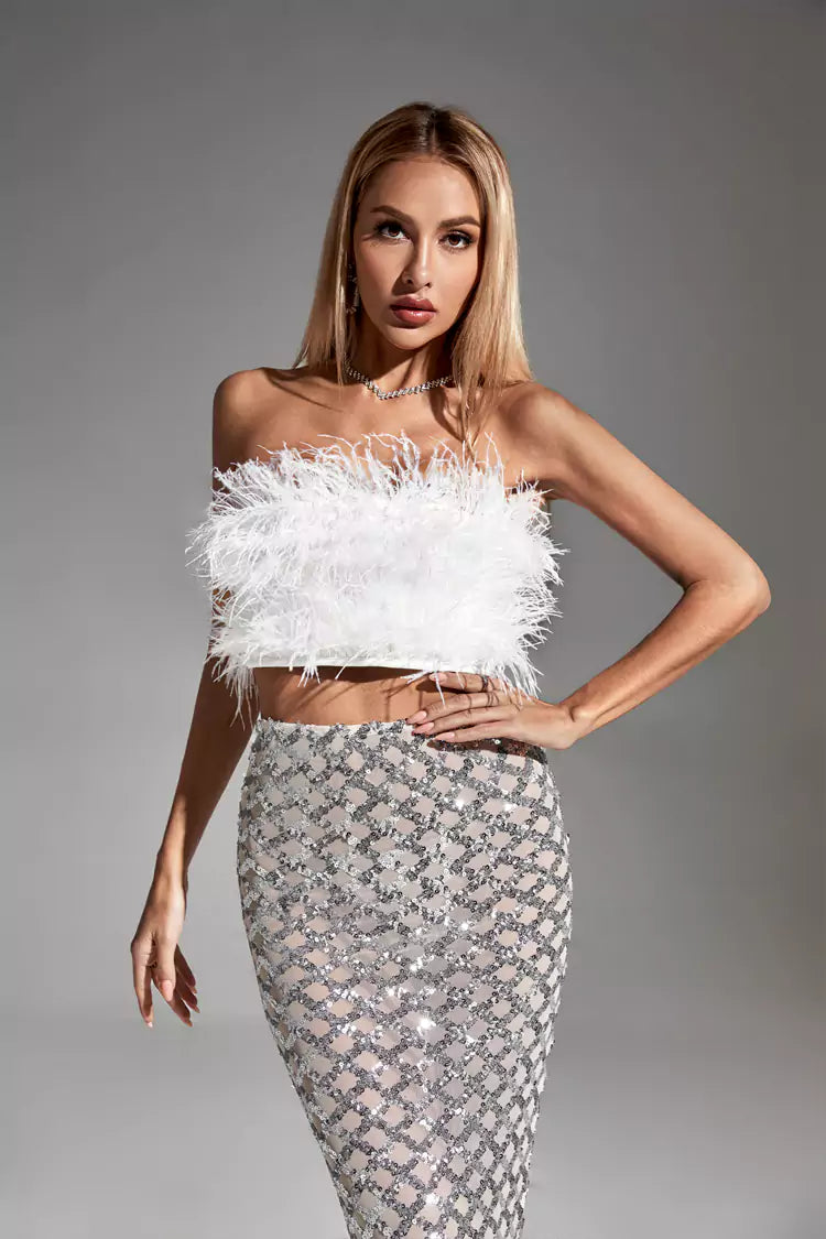 Blake White Feather Sequin Bandage Set