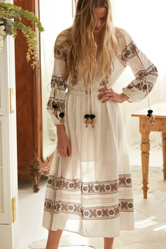 Boho Blue/White Cotton Rayon Maxi Dress