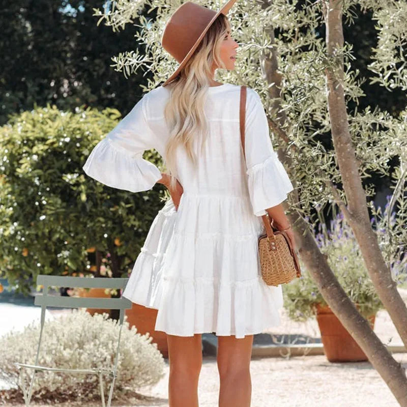 Boho Tunic Beach Wear Loose Cover-Up for Women Vintage V-neck Mini Summer Dress