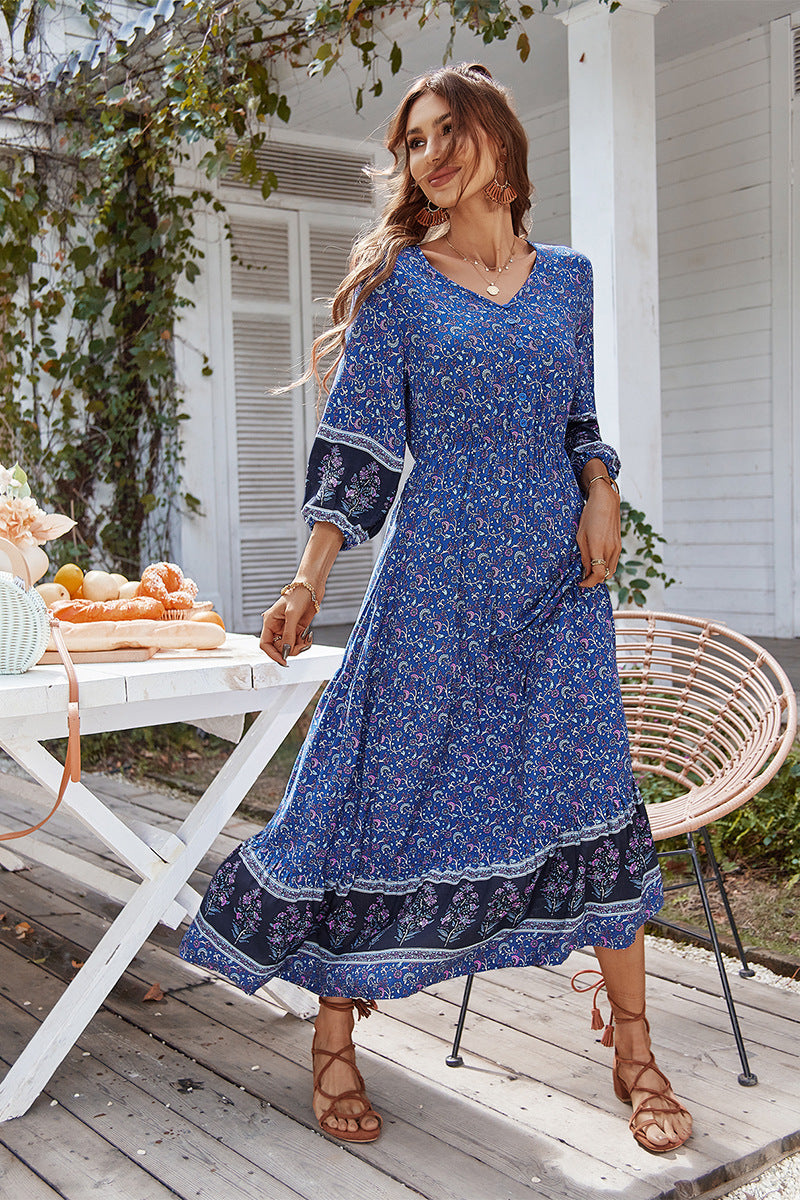 Boho Print Puff Sleeve Loose Maxi Dress