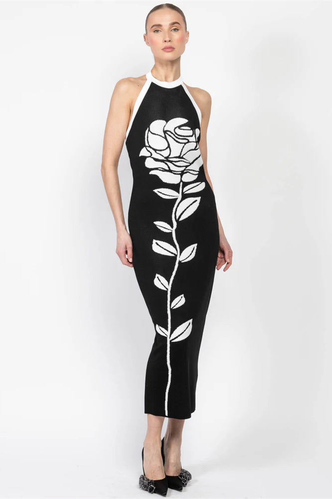 Floral Jacquard Halter Neck Open Back Bodycon Midi Dress