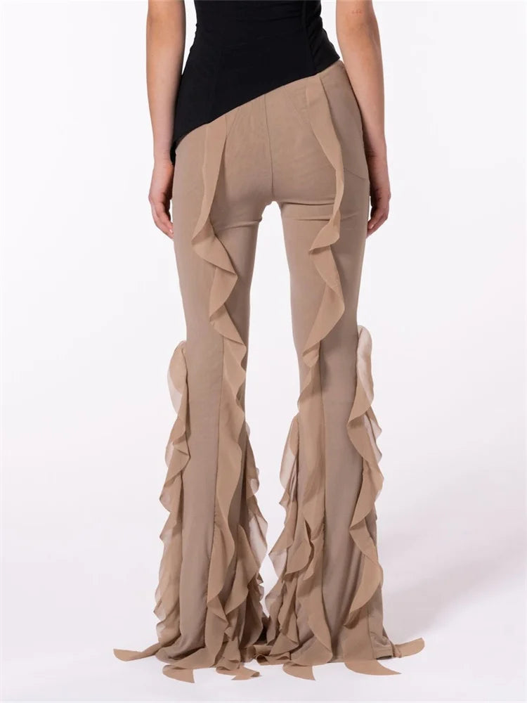 Solid Color Ruffle Low Waist Stretch Bell Pant