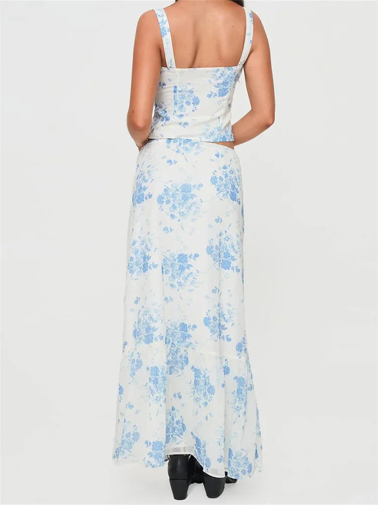 Retro Square Neck Button Up Tank Top Flower Print Long Skirt