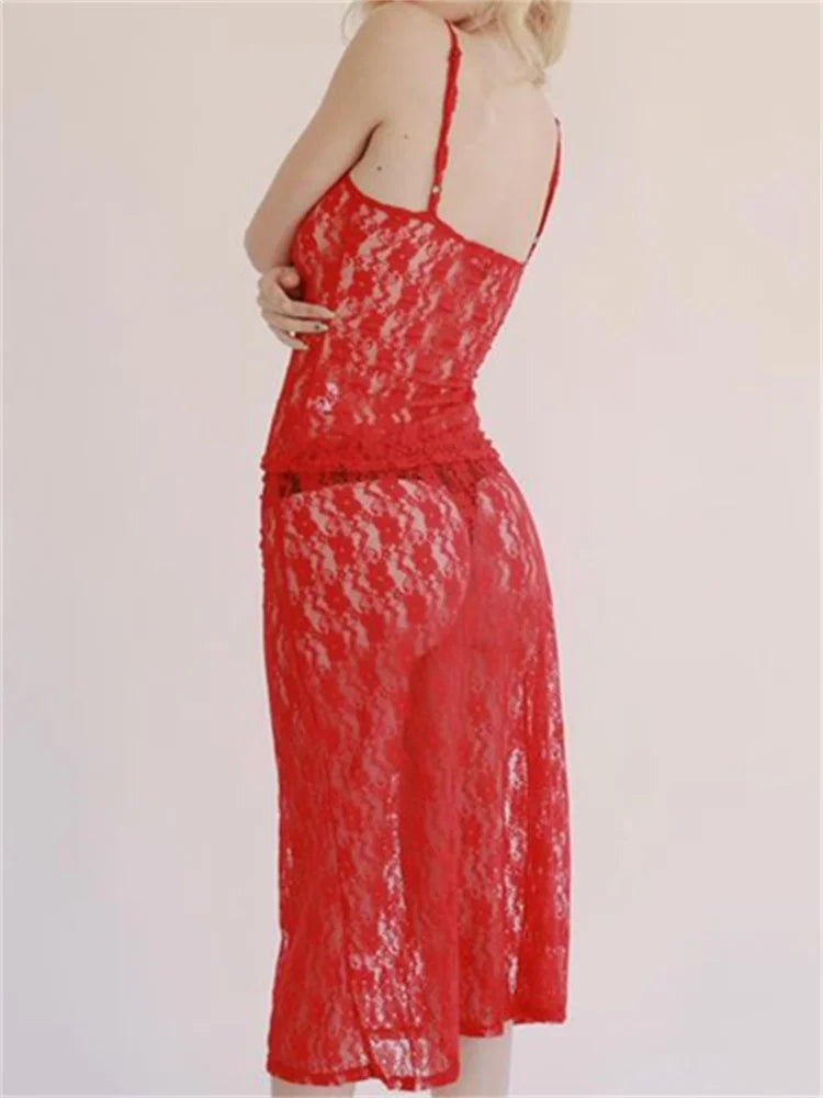 Sexy Floral Lace Strap Tank Camis Crop Top with See-through Long Skirt Set