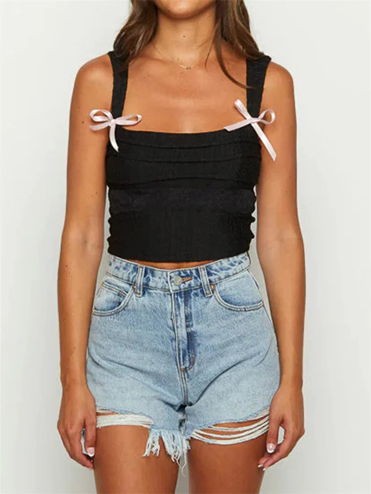 Sleeveless Square Neck Bow Tie-up Crop Top