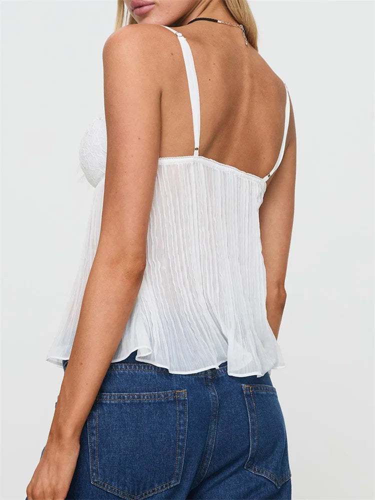 Pleated Bowknot Lace See-through Crop Top