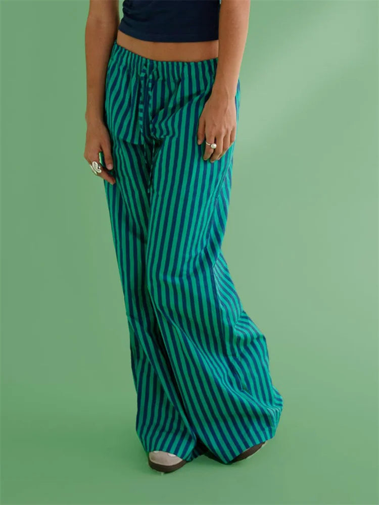 Baggy Striped Drawstring Wide Leg Pocket Pant
