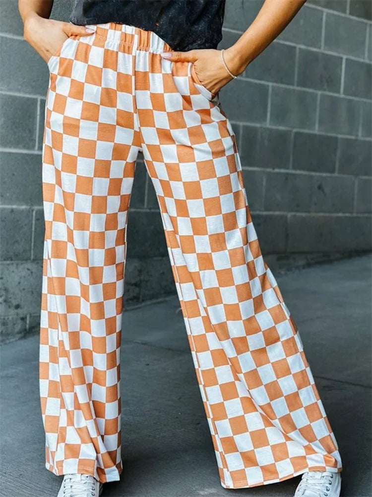 Plaid Print Wide Leg Elastic Waist Casual Pant