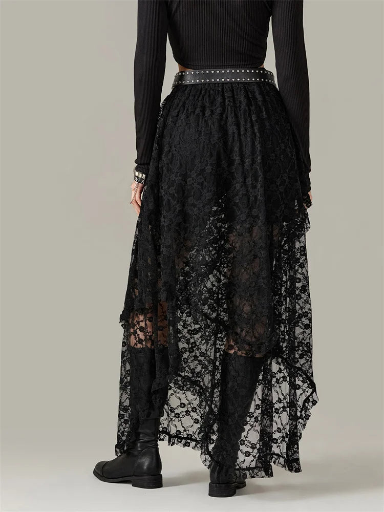 Y2K Lace Mesh See Through High Waist Asymmetrical Skirt