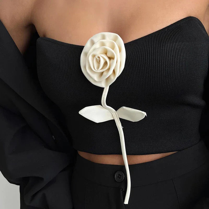 Solid Elegant Sleeveless Strapless Casual Flower Tube Crop Top