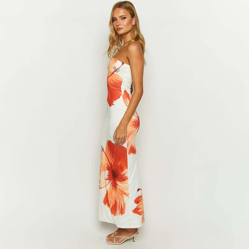 Flower Printed Off-Shoulder Slim Beach Long Floral Dress
