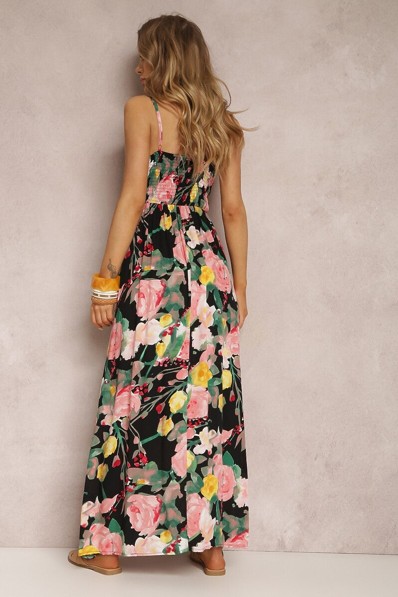 Floral V-Neck Sleeveless Backless Maxi Dress Black