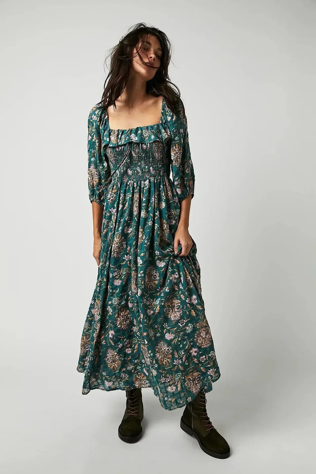 Backless Ruffled Hem Printing Midi Boho Dress